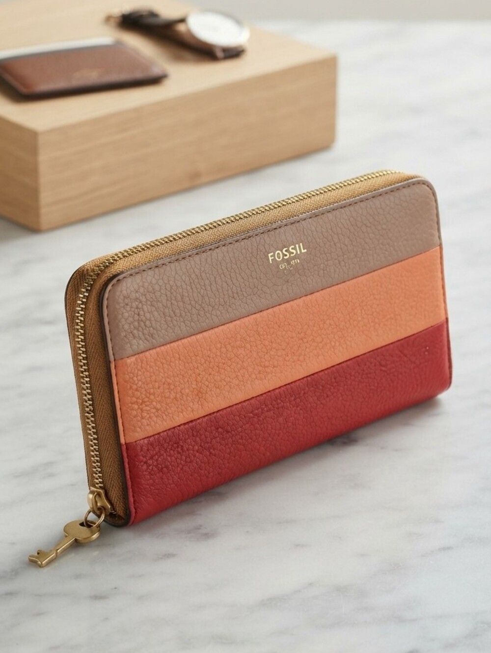 Fossil Colorblock Cowhide Leather Zip Around Wallet Clutch Red Orange Taupe